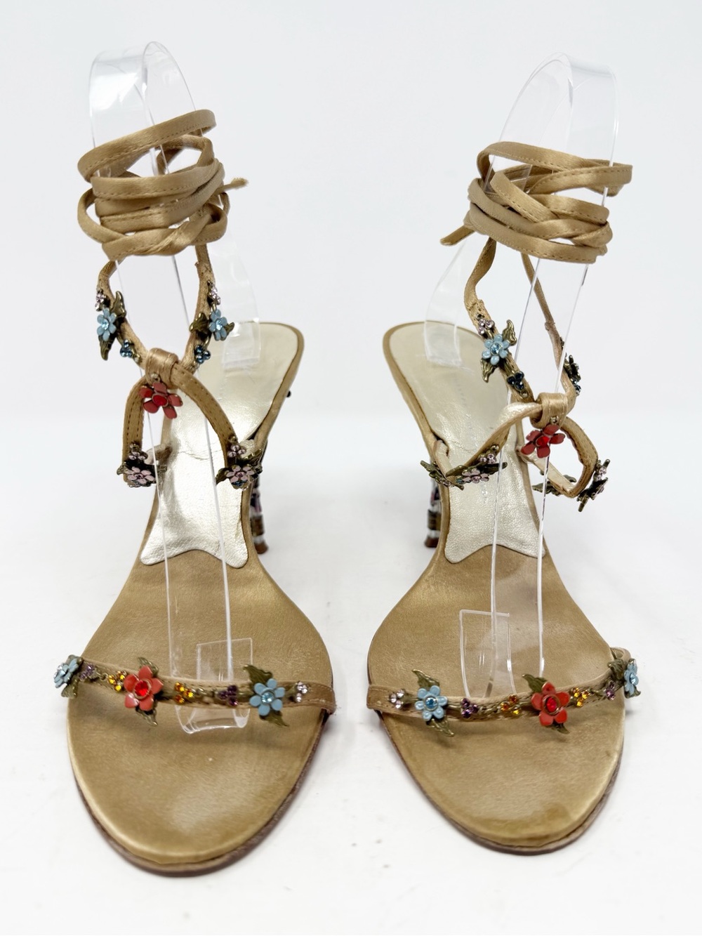 Giuseppe Zanotti Satin Floral Embellished Wrap Sandal Heels Womens Size 7.5 - Picture 3 of 11